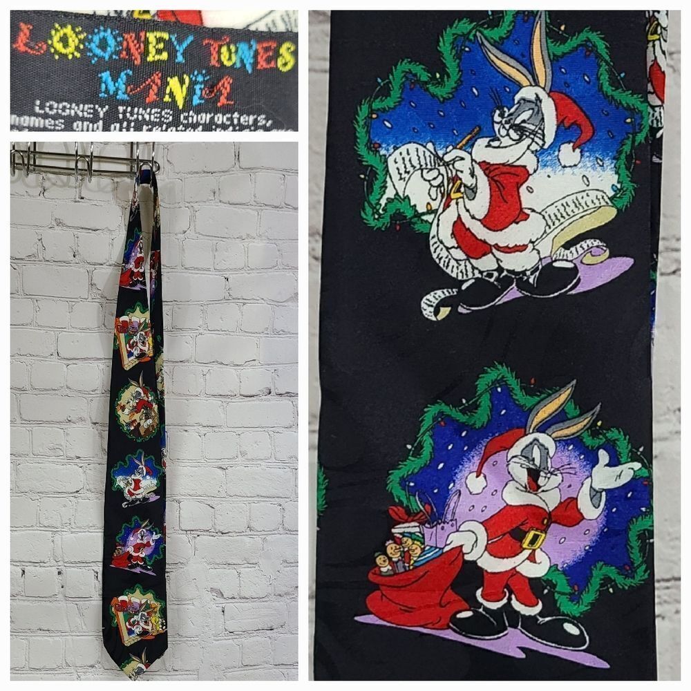 Vintage 1995 Looney Tunes Bugs Bunny Santa Christmas Tie Black Holiday Novelty